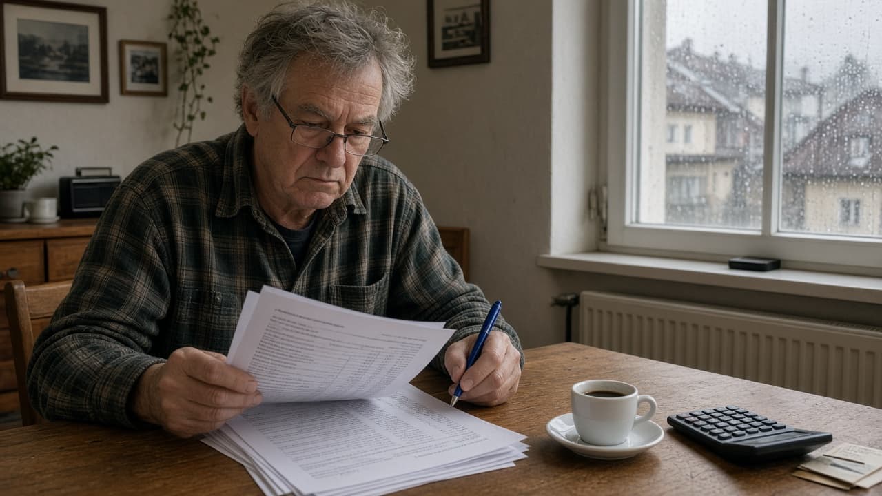 Friedrich Mayer am Küchentisch in Salzburg mit ausgedruckter Analyse