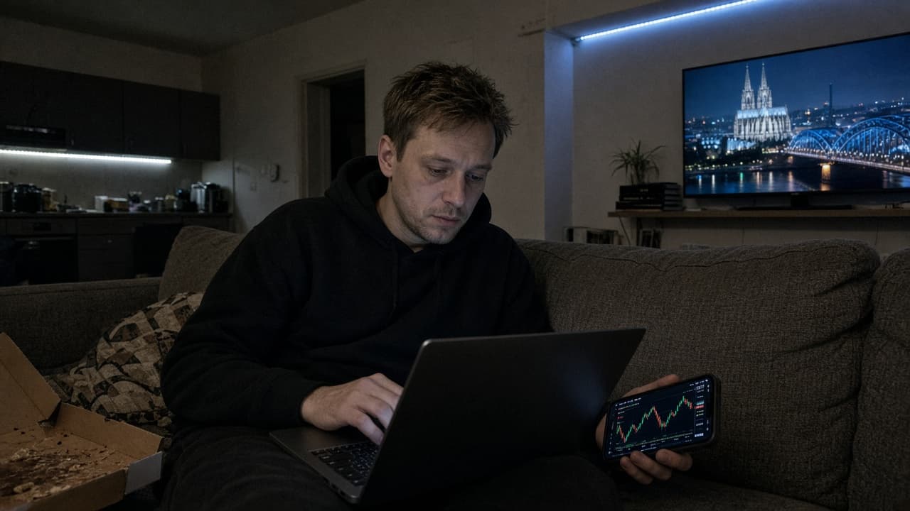 Kevin Brandt auf dem Sofa in Köln, Laptop auf den Knien