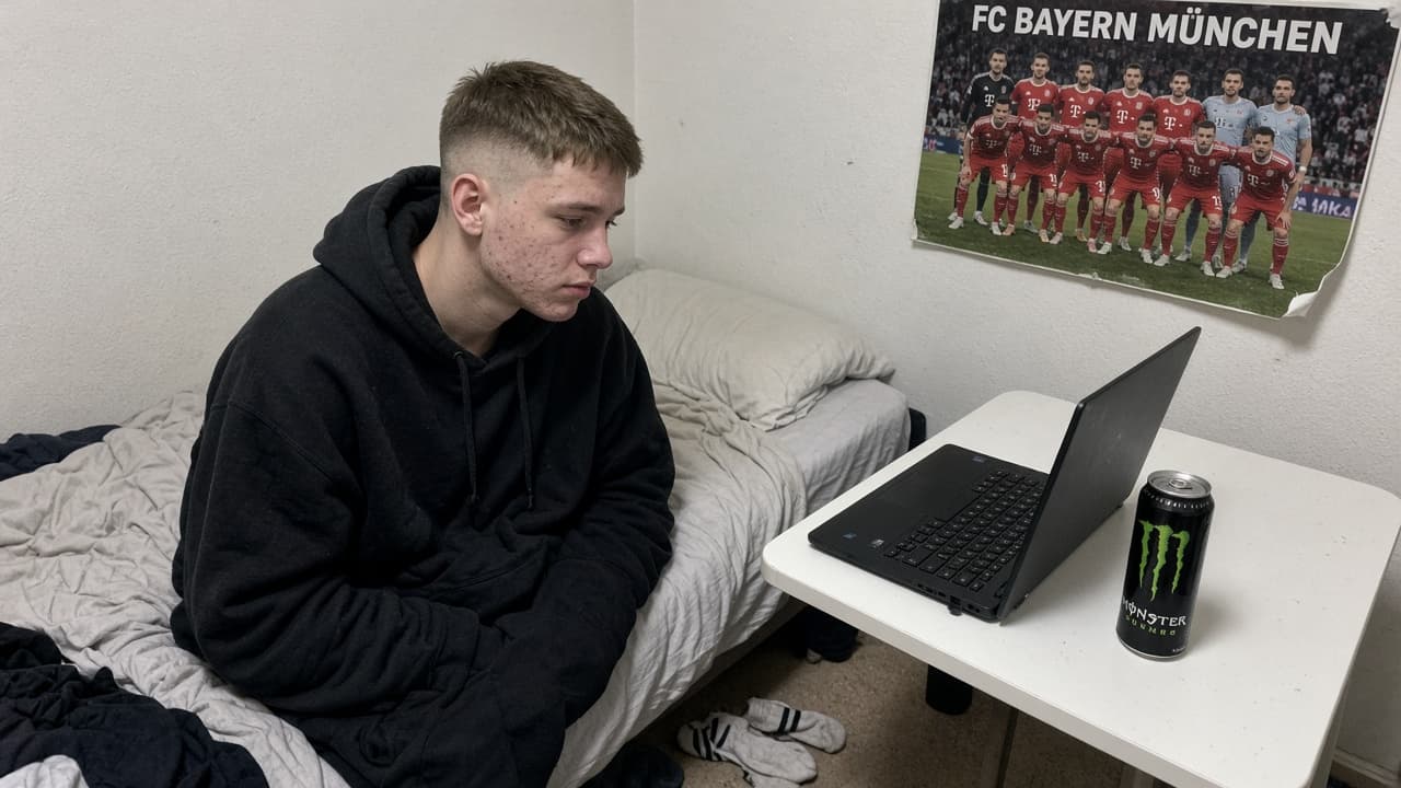 Nico G. auf dem Bett in seinem Zimmer, Laptop auf den Knien